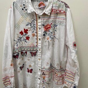 JOHNNY WAS button down embroidered long sleeve top size L